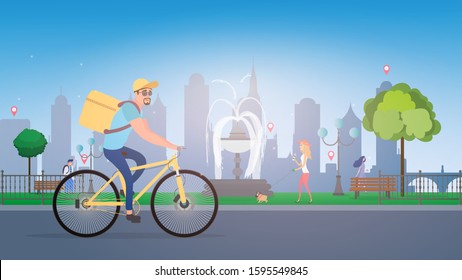 Food delivery by bike. A cyclist with a box on his back. Ecological food delivery concept. A cyclist with delivery rides through the park. Park with people. Vector illustration