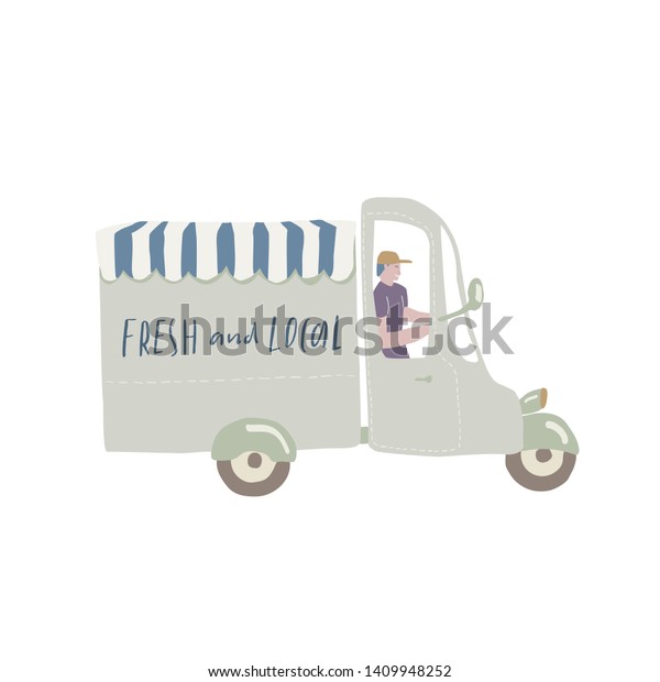 Food delivery by car, fresh and local food, food\
truck, vector