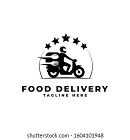Food Delivery by Motorcycle with Five Stars logo vector icon ilustration, online food delivery by motorcycle
