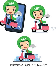food delivery by scooter. Vector cartoon illustration. Food delivery service