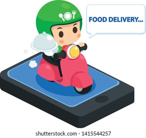 food delivery by scooter. Vector cartoon illustration. Food delivery service 