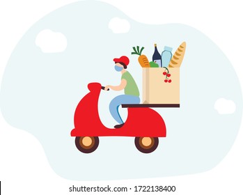 food delivery, cafe, restaurant. Service concept, online order. Man on red bike. flat design. Concept for logo, cards, print, menu