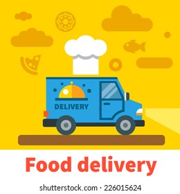 Food Delivery Car. Vector Flat Illustration