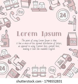 Food delivery - card with text and vector color illustrations of courier, truck, pizza, transportation, cart, scooter and other for graphic design