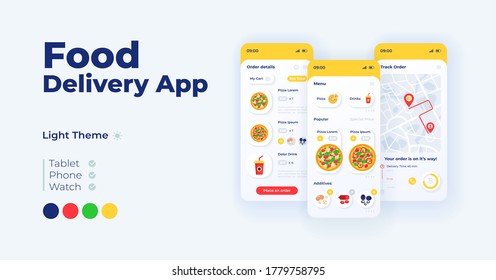 Food delivery cartoon smartphone interface vector templates set. Mobile app screen page light mode design. Order details and delivery tracking UI for application. Phone display with flat illustration