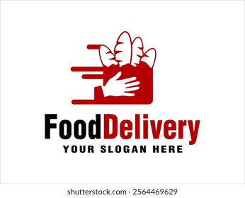 food delivery catering fast food vector logo symbol illustration restaurant and cafe, with shopping bags and bread, groceries icon