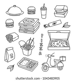 Food delivery and catering hand drawn doodle illustration with cloche, pizza boxes, hamburger, Thai food, scooter, French fries, soda drink.