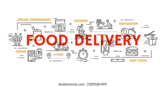 Food delivery. Catering meal transportation, pizza courier service or grocery products shipment line vector poster. Fast food delivery concept with shopping cart, van car and scooter, stopwatch, house