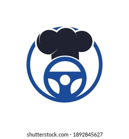 Food delivery catering vector logo design. Steering wheel and chef hat icon.