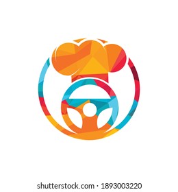 Food delivery catering vector logo design. Steering wheel and chef hat icon.