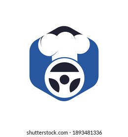 Food delivery catering vector logo design. Steering wheel and chef hat icon.