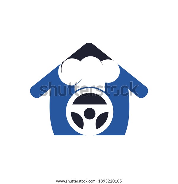 Food delivery catering vector logo\
design. Steering wheel and chef hat with home\
icon.