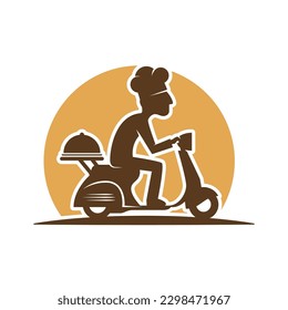 Food delivery chef on a scooter cartoon logo icon vector template