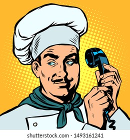 Food delivery. Chef takes orders by phone. Pop art retro vector illustration drawing