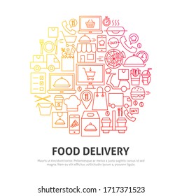 Food Delivery Circle Concept. Vector Illustration of Outline Design.