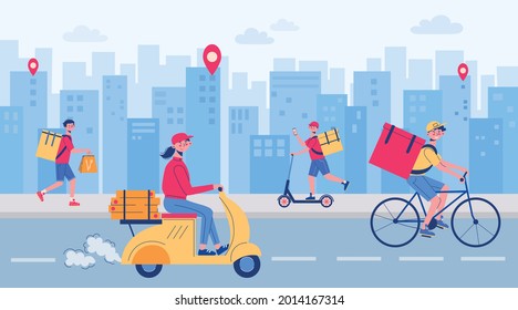 Food delivery city composition several couriers with thermal bags deliver food for customers on scooter on foot on bicycle vector illustration
