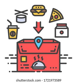 Food delivery color line icon. Open box with fast food. Sign for web page, app. UI UX GUI design element. Editable stroke