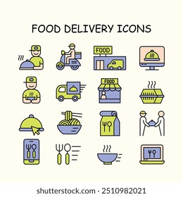 FOOD DELIVERY COLORED ICON SET
