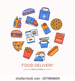 Food delivery - colorful vector flat design style banner with copy space for text. Appetizing burger, pizza, WOK, ketchup, other dishes arranged in a circle. Ready-to-eat meals, online ordering idea