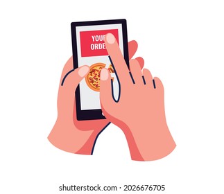 Food delivery composition with human hand holding smartphone touching pizza order button vector illustration