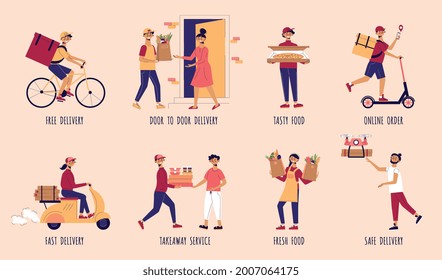 Food delivery composition set with free delivery door to door tasty food online order takeaway service and fresh food descriptions vector illustration