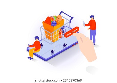 Food delivery concept in 3d isometric design. People ordering products bags in cart from supermarket or grocery store and buying online in app. Vector illustration with isometry scene for web graphic