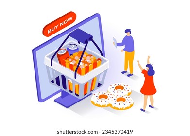 Food delivery concept in 3d isometric design. People order fast food meals in supermarket basket and paying online for purchases and shipping. Vector illustration with isometry scene for web graphic