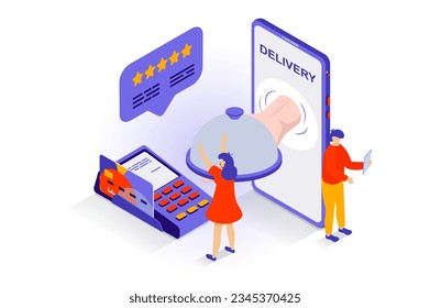 Food delivery concept in 3d isometric design. People ordering meals at restaurant, paying online and receive dishes with courier shipping. Vector illustration with isometry scene for web graphic