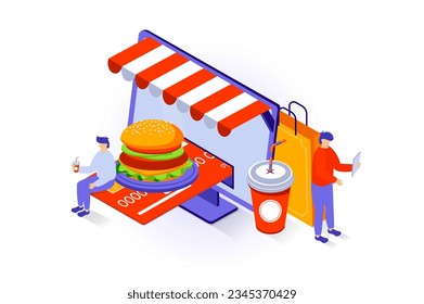 Food delivery concept in 3d isometric design. People ordering burger and drink, paying online for purchases and shipping using credit card. Vector illustration with isometry scene for web graphic