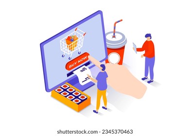 Concepto de entrega de alimentos en diseño isométrico 3d. La gente pide bolsas de productos en el supermercado, sushi y bebida en el café, comprando y recibiendo recibos. Ilustración vectorial con escena isométrica para gráfico web