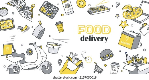 Food delivery concept for banner design with flat line doodle pattern. Hand drawing texture with pizza, coffee, hamburger, noodles, moped, scooter, map, tracking app, menu. Vector illustration for web