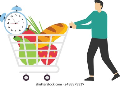 food delivery concept, complete grocery cart, supermarket special offer, food buying and delivery, food in shopping cart with clock as delivery time, illustration. flat vector.