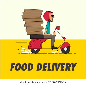 Food Delivery Concept. Delivery Courier Boy delivering  food on a retro scooter