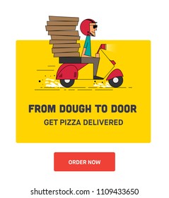 Food Delivery Concept. Delivery Courier Boy delivering  food on a retro scooter