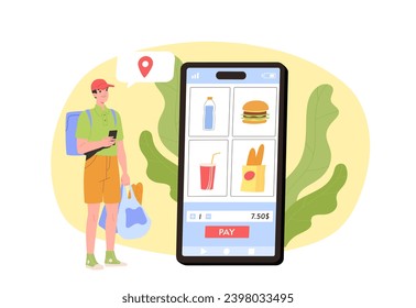 Food delivery concept. Courrier with backpack near smartphone screen. Electronic commerce and marketing. Takeaway eating. Cartoon flat vector illustration isolated on white background