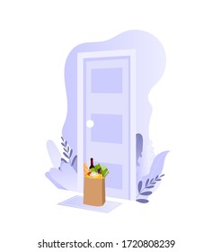 Food delivery concept. Delivery to the door. Template for food services, no contact delivery, online shopping and ordering, door to door, web and app. Vector illustration in modern style.