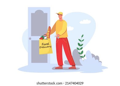 Food delivery concept in flat design. Man courier carries package of groceries and gives order at door of customer house. Fast shipping and distribution. Vector illustration with people scene for web