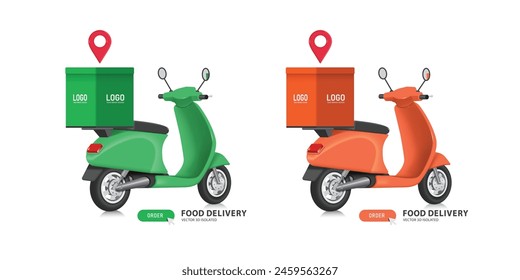 food delivery concept ,green and orange food bag or box is placed on motorcycle or scooter With a red map pin to indicate where will be delivered to customers, vector 3d isolated on white background