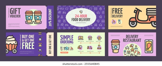 Food Delivery Concept Horizontal Invitation Placard Poster Banner Card Template Set. Vector illustration of Gift Voucher