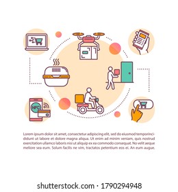 Food delivery concept icon with text. PPT page vector template. Order food online from restaurants. Contactless delivery. Brochure, magazine, booklet design element with linear illustrations