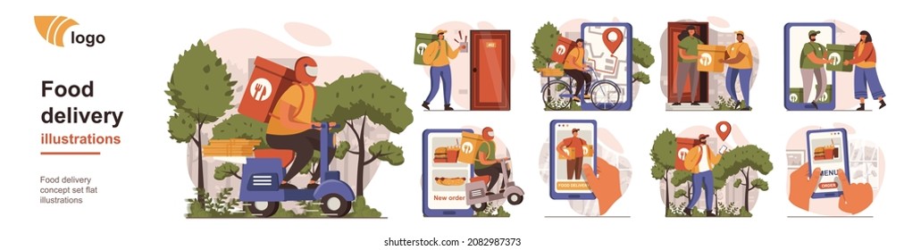 Food delivery concept isolated person situations. Collection of scenes with people couriers carry boxes to customers, online order and tracking at app. Mega set. Vector illustration in flat design