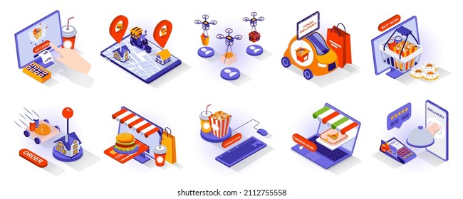 Food delivery concept isometric 3d icons set. Online order from restaurant at computer, tracking parcel at mobile app, courier or drone with package, isometry isolated collection. Vector illustration