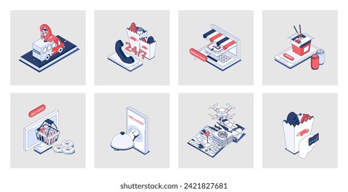 Food delivery concept of isometric icons in 3d isometry design for web. Online ordering of pizza or grocery bags, fast courier shipping to home, restaurant menu delivering service. Vector illustration