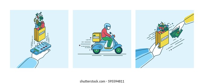 Food delivery concept. Lineart Illustration set in flat style.