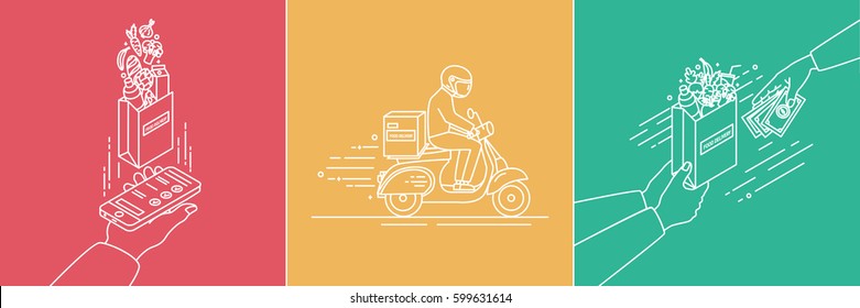 Food delivery concept. Lineart Illustration set in flat style.