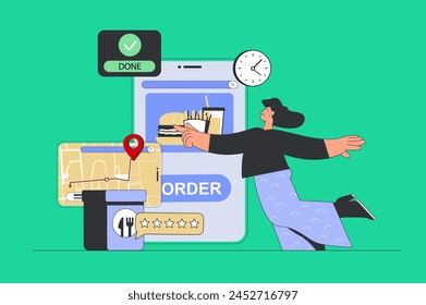 Food delivery concept in modern flat design for web. Woman ordering lunch at restaurant with courier shipping and tracking package. Vector illustration for social media banner, marketing material.