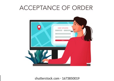 Food delivery concept. Operator accept an order from a client. Food delivery service step. Vector illustration in cartoon style