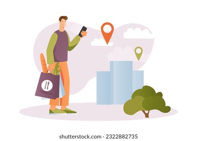 Food delivery concept with people scene in the flat cartoon style. The courier arrived at the destination to deliver the food. Vector illustration.