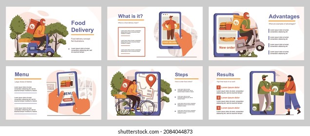 Food delivery concept for presentation slide template. People making online order and tracking at app, couriers carry parcels to customers. Vector illustration with flat persons for layout design