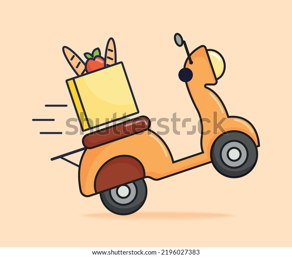Food\
delivery concept. Scooter with natural and organic products. Home\
delivery of vegetables in bag. Advertising poster or banner, online\
shopping metaphor. Cartoon flat vector\
illustration